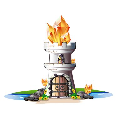 Peri masalı kule ile sarı kristalleri. Sihirli vektör çizim.