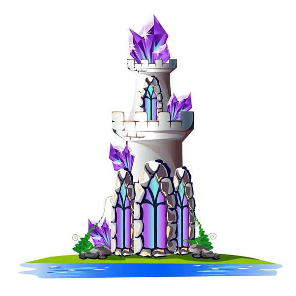 Torre Cuento Hadas Con Cristales Púrpura Ilustración Del Vector Mágico — Vector de stock