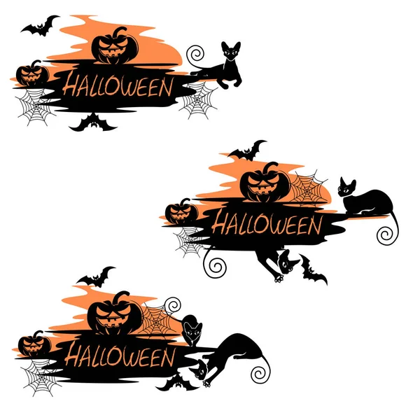 Conjunto Etiquetas Navideñas Para Halloween Con Gato Negro Ilustración Vectorial — Archivo Imágenes Vectoriales