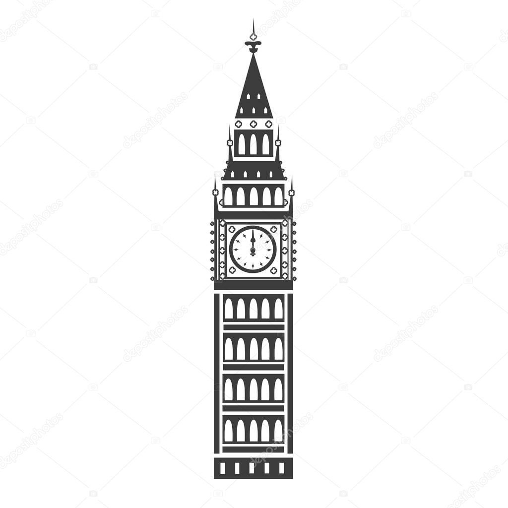 Big Ben vector icon. Silhouette of a tower on a white background.