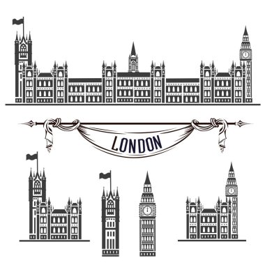 Westminster Sarayı vektör simgesi. Beyaz arka plan üzerinde siluetleri kümesi.