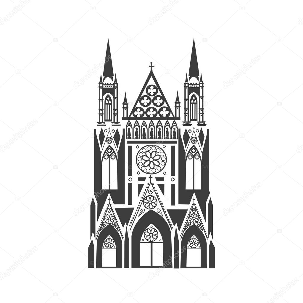 Vector icon of the Catholic Cathedral. Silhouette on white background.