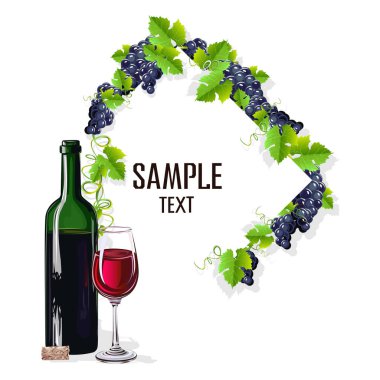 Bir kadeh şarap ve üzüm kartı şablonu. Vektör çizim.