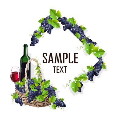 Bir kadeh şarap ve üzüm kartı şablonu. Vektör çizim.
