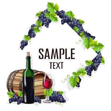 Bir kadeh şarap ve üzüm kartı şablonu. Vektör çizim.