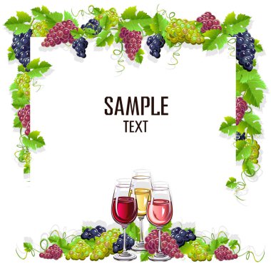 Bir kadeh şarap ve üzüm kartı şablonu. Vektör çizim.