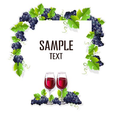 Bir kadeh şarap ve üzüm kartı şablonu. Vektör çizim.