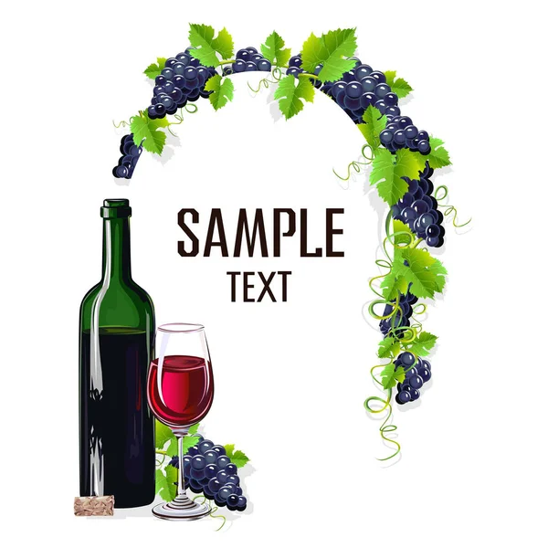 Bir kadeh şarap ve üzüm kartı şablonu. Vektör çizim.