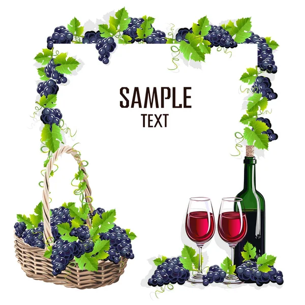Modello Carta Con Bicchiere Vino Uva Illustrazione Vettoriale — Vettoriale Stock