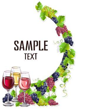 Bir kadeh şarap ve üzüm kartı şablonu. Vektör çizim.