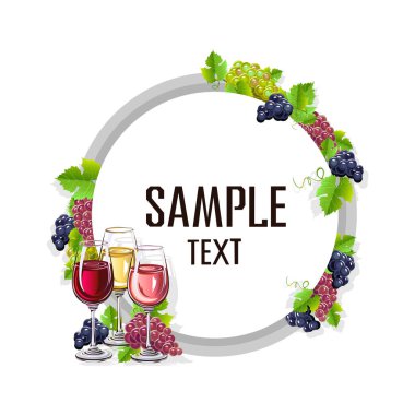 Bir kadeh şarap ve üzüm kartı şablonu. Vektör çizim.