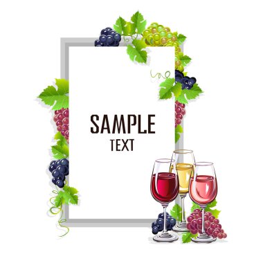 Bir kadeh şarap ve üzüm kartı şablonu. Vektör çizim.