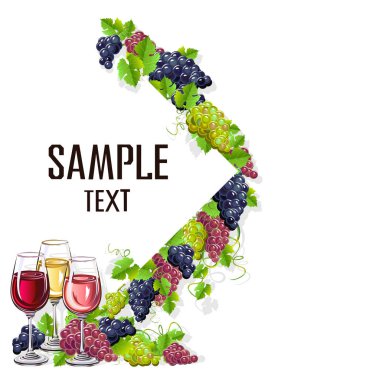 Bir kadeh şarap ve üzüm kartı şablonu. Vektör çizim.