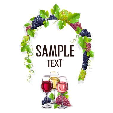 Bir kadeh şarap ve üzüm kartı şablonu. Vektör çizim.