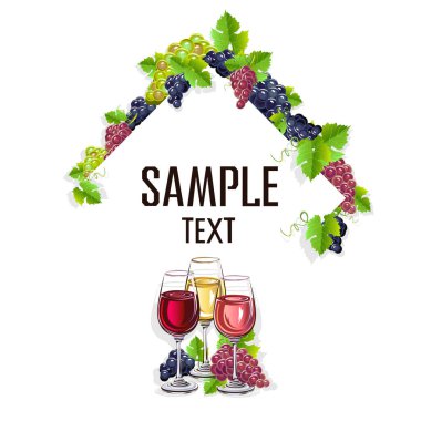 Bir kadeh şarap ve üzüm kartı şablonu. Vektör çizim.