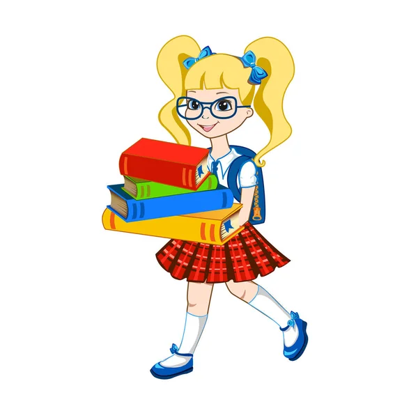 Cute Schoolgirl Color Books Vector Illustration White Background — Stock Vector