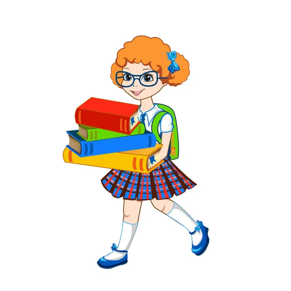 Linda Colegiala Con Libros Color Ilustración Vectorial Sobre Fondo Blanco — Vector de stock