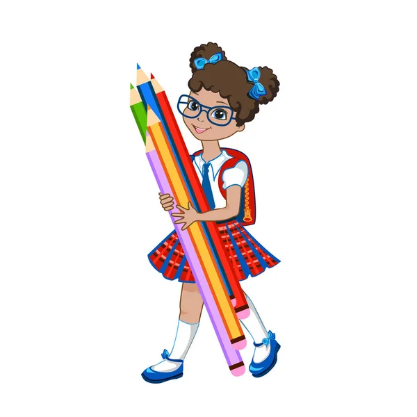 Cute Schoolgirl Color Pencils Vector Illustration White Background — Stock Vector