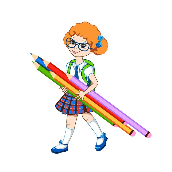 Écolière Mignonne Avec Crayons Couleur Illustration Vectorielle Sur Fond Blanc — Image vectorielle