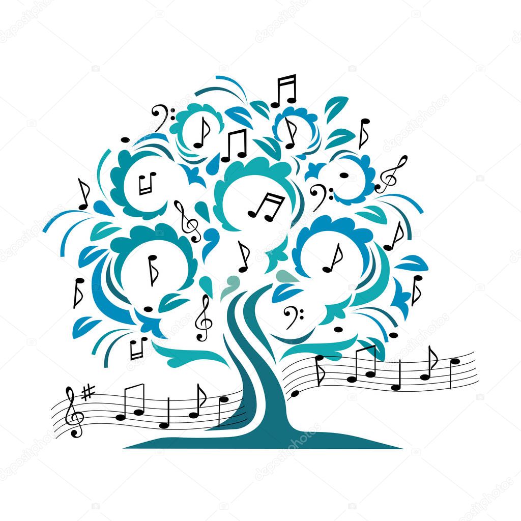A musical tree with curls and notes. Vintage vector illustration.