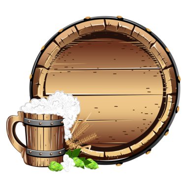 Eski ahşap varil bira ile. Beyaz arka plan üzerinde vektör çizim.