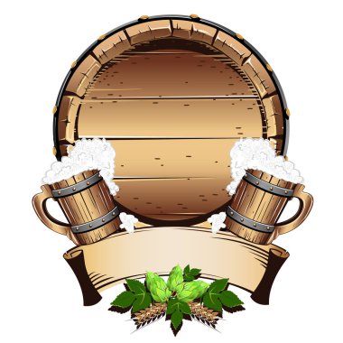 Eski ahşap varil bira ile. Beyaz arka plan üzerinde vektör çizim.