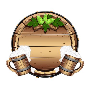 Eski ahşap varil bira ile. Beyaz arka plan üzerinde vektör çizim.