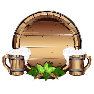 Eski ahşap varil bira ile. Beyaz arka plan üzerinde vektör çizim.