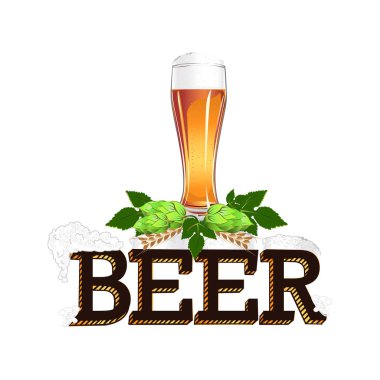 Vektör şablon / bira arması. Bira öğeleri ve metin ile renkli resimde.