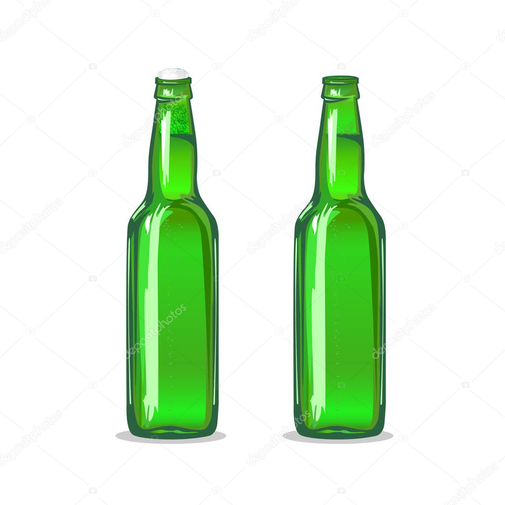 Green beer bottle isolated on white background. Vector illustration.
