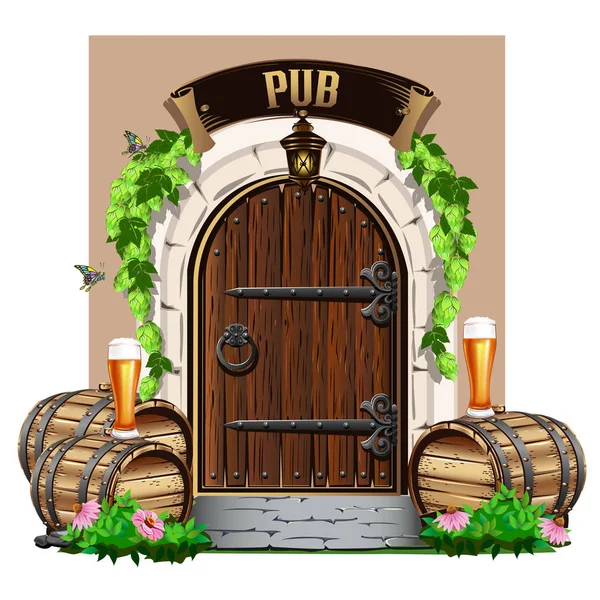 Vieja Puerta Madera Pub Con Barriles Madera Cerveza Ilustración Vectorial — Vector de stock