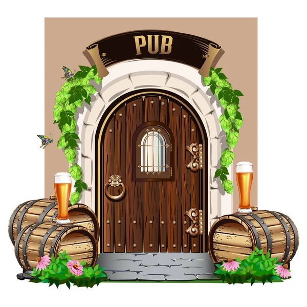 Vieja Puerta Madera Pub Con Barriles Madera Cerveza Ilustración Vectorial — Vector de stock