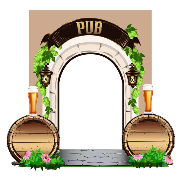 Vieja Puerta Madera Pub Con Barriles Madera Cerveza Ilustración Vectorial — Vector de stock