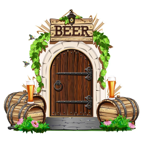 Vecchia Porta Legno Pub Con Botti Legno Birra Illustrazione Vettoriale — Vettoriale Stock