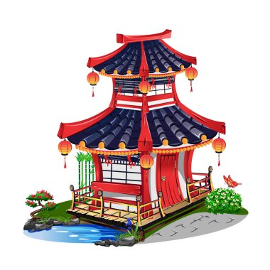 Beyaz arka plan üzerinde izole renkli Japon ev. Vektör çizim.