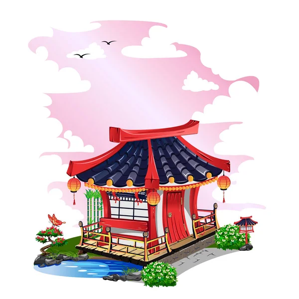 Colorida Casa Japonesa Aislada Sobre Fondo Blanco Ilustración Vectorial — Vector de stock