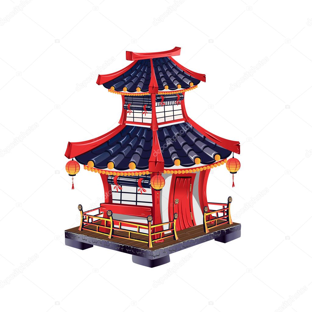 Colorful Japanese house isolated on white background. Vector illustration.