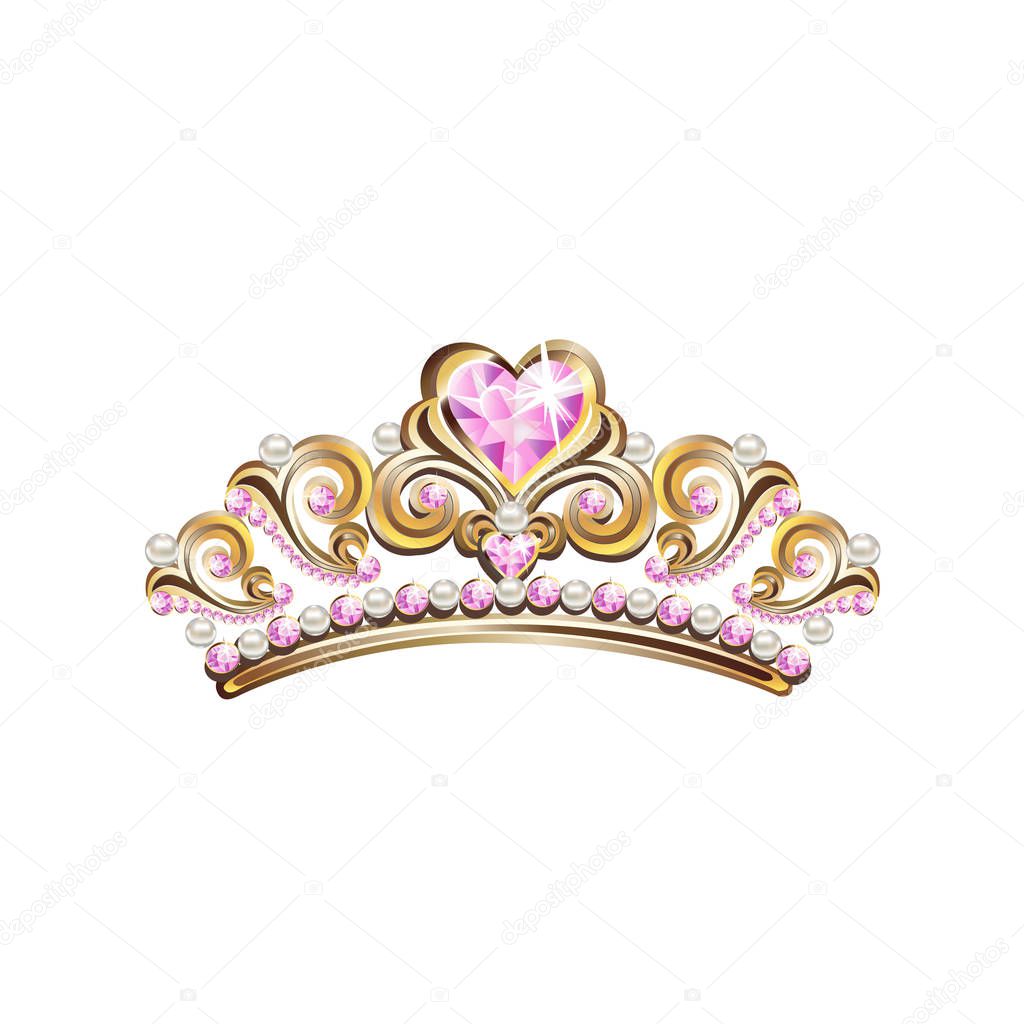 Crown of a princess with pearls and pink gemstones. Vector illustration.