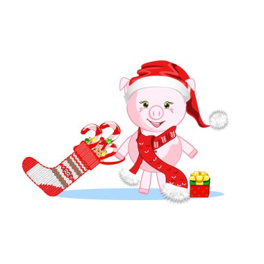 Tatlı domuz kış şapka içinde. Yeni yıl için vektör çizim.