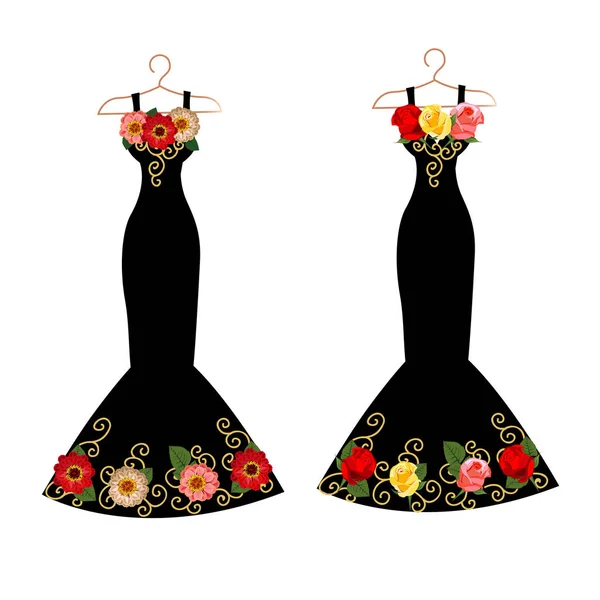 Kleid Silhouette Auf Einem Kleiderbügel Mit Blumen Und Spitze Vektorillustration — Stockvektor
