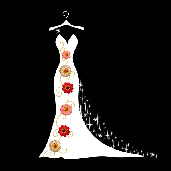 Bröllop Klänning Siluett Med Vackra Blommor Och Glänsande Vektorillustration — Stock vektor