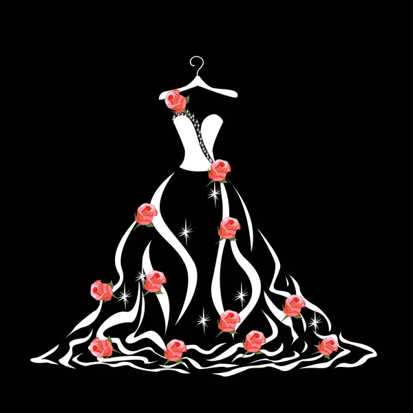 Wedding Dress Silhouette Beautiful Flowers Shiny Vector Illustration — Stock Vector
