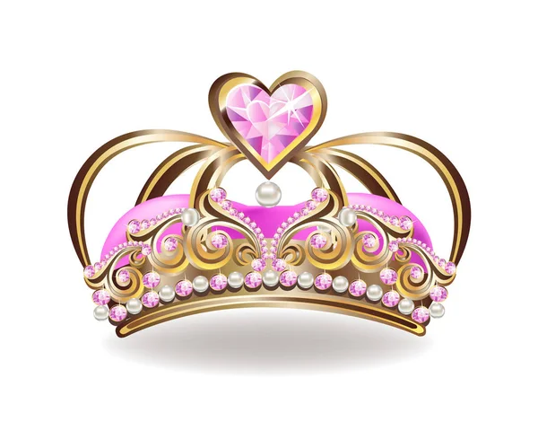 Prachtige Gouden Prinses Kroon Met Parels Roze Juwelen Vector Illustratie — Stockvector