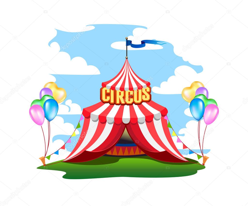 A colorful circus tent with balloons and treats. Vector illustration for carnival.