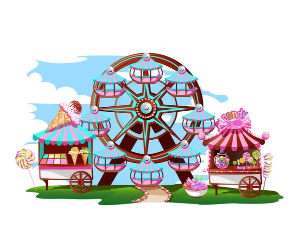 Сказочный Парк Развлечений Колесиком Обозрения Цирковой Палаткой Сладостями Красочная Векторная — стоковый вектор