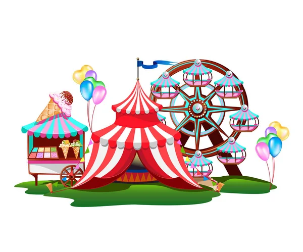 Märchenhafter Vergnügungspark Mit Riesenrad Zirkuszelt Und Süßigkeiten Bunte Vektorillustration — Stockvektor