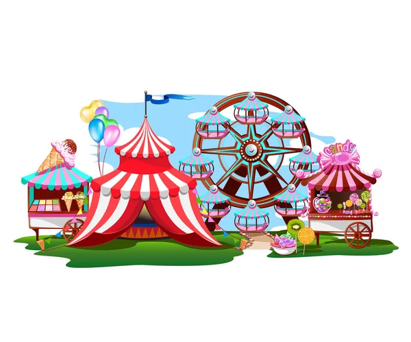 観覧車 サーカスのテントとお菓子を持つおとぎ話の遊園地 カラフルなベクトルイラスト — ストックベクタ
