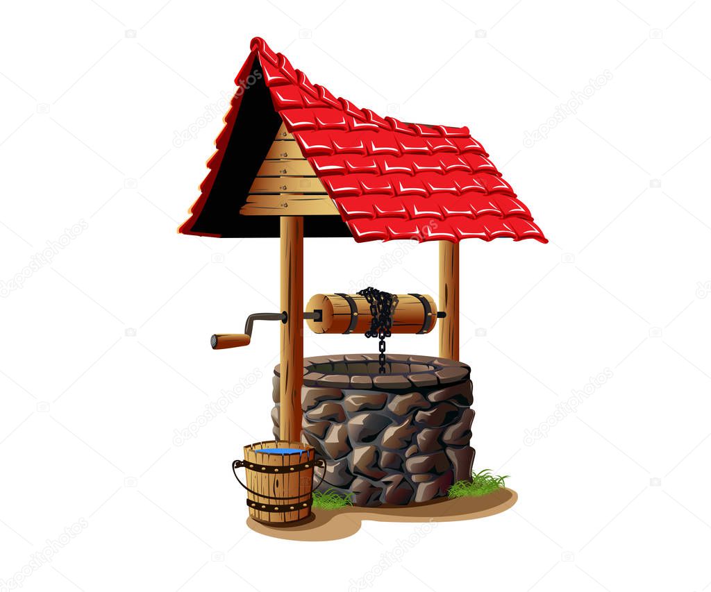Old water well made of stone and wood. Colorful vector illustration.