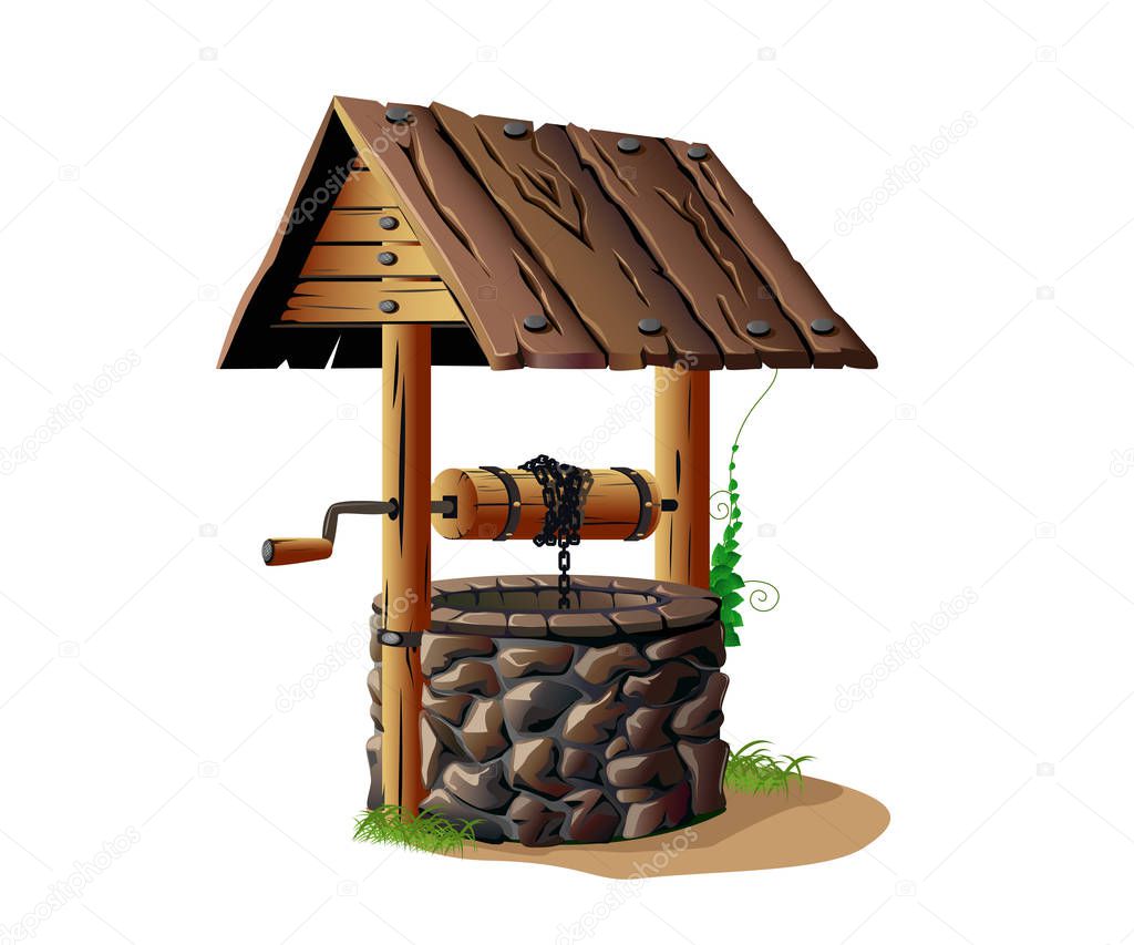 Old water well made of stone and wood. Colorful vector illustration.