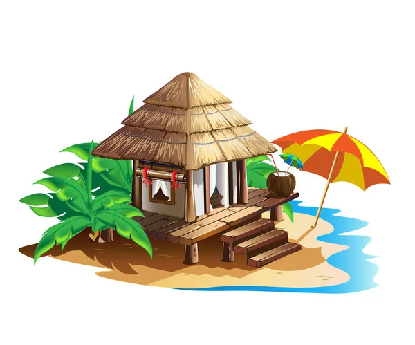 Cabana Tropical Com Telhado Colmado Férias Verão Nos Trópicos Junto — Vetor de Stock